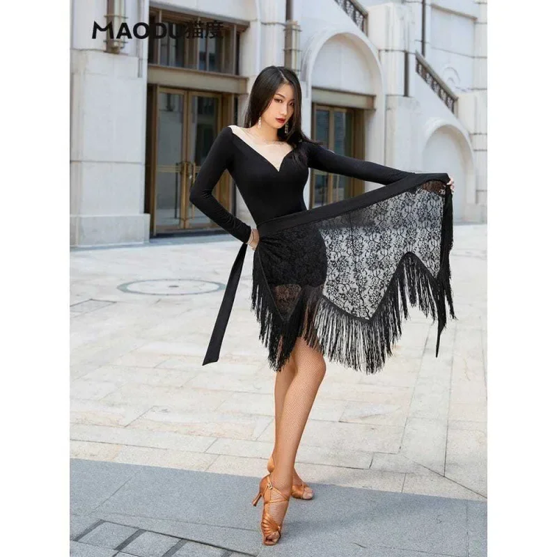 Women Tassel Latin Dance Costumes Fringe Hip Scarf Skirt Towel Sexy Lace Dress Ballroom Top Long Sleeve V-neck Mesh Neckline