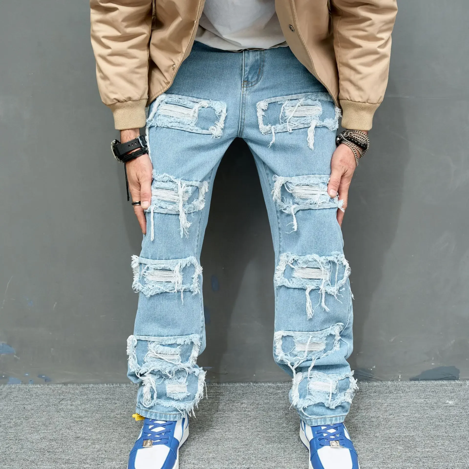 European and American Fashion Youth High Street Trendy Brand Bionic Jeans, Trendy Solid Color Slim-Fit Ripped Stretch Jeans