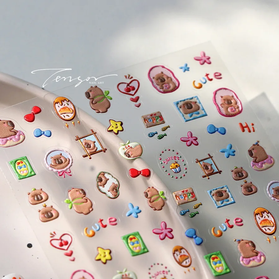 Lovely Capybara Cartoon Doodle 5D Soft Embossed Reliefs Self Adhesive Nail Art Sticker Cute Hamster 3D Manicure Decals Wholesale