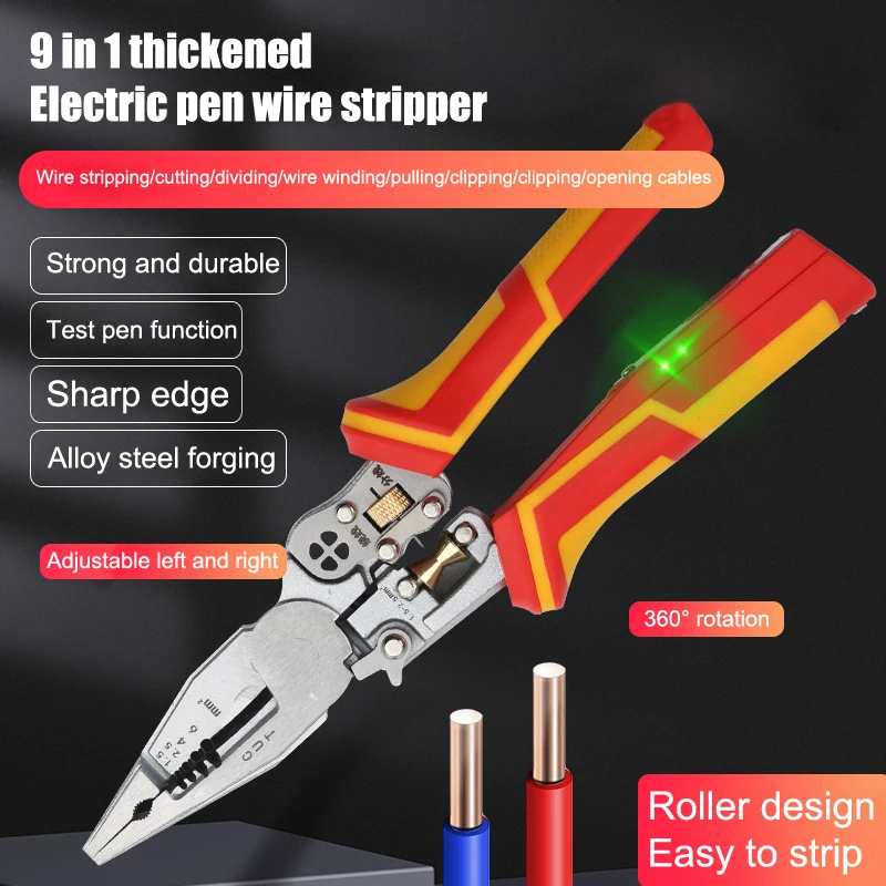 

1 шт. с функцией тестирования мощности 9 в 1, многофункциональные инструменты для зачистки проводов, противоскользящие плоскогубцы для электрика, бытовые ручные инструменты