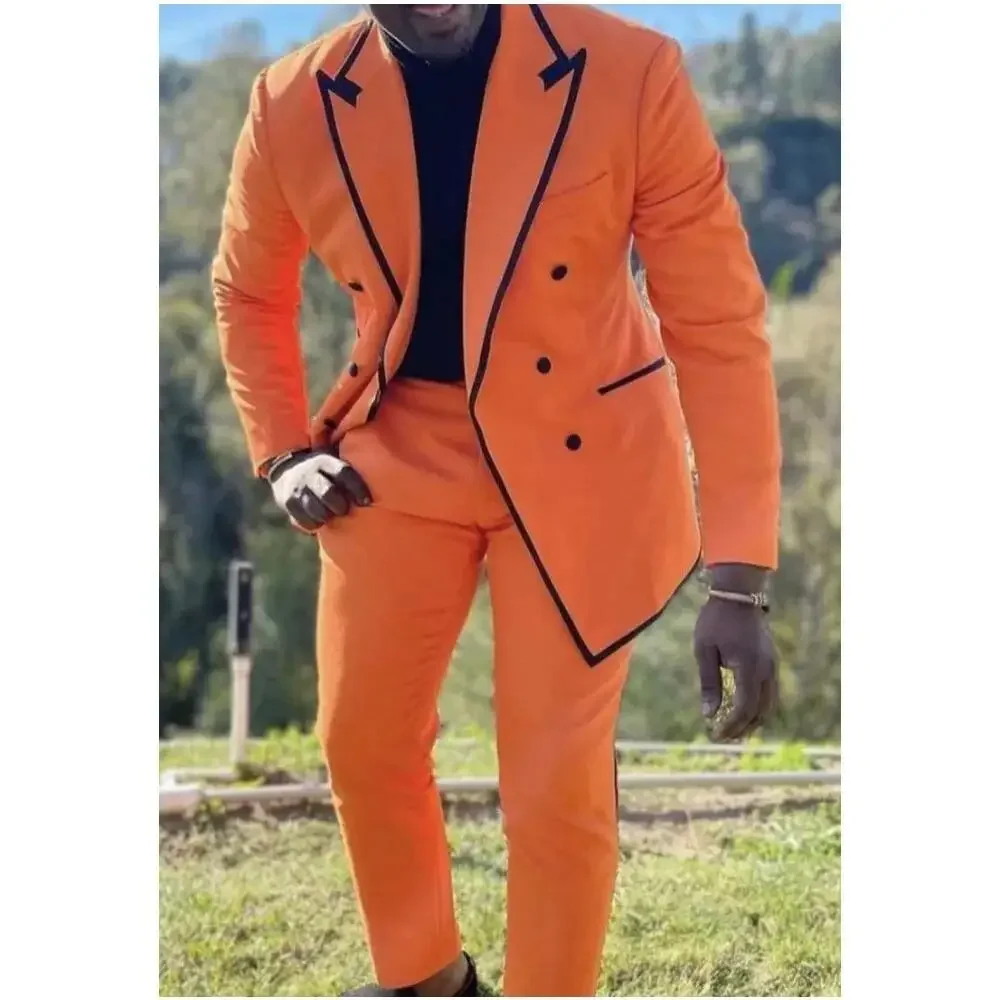 Fashion Orange Men Suits 2 Pieces Black Trimming Peaked Lapel Costume Homme Wedding Groom Tailored Made Blazer Sets