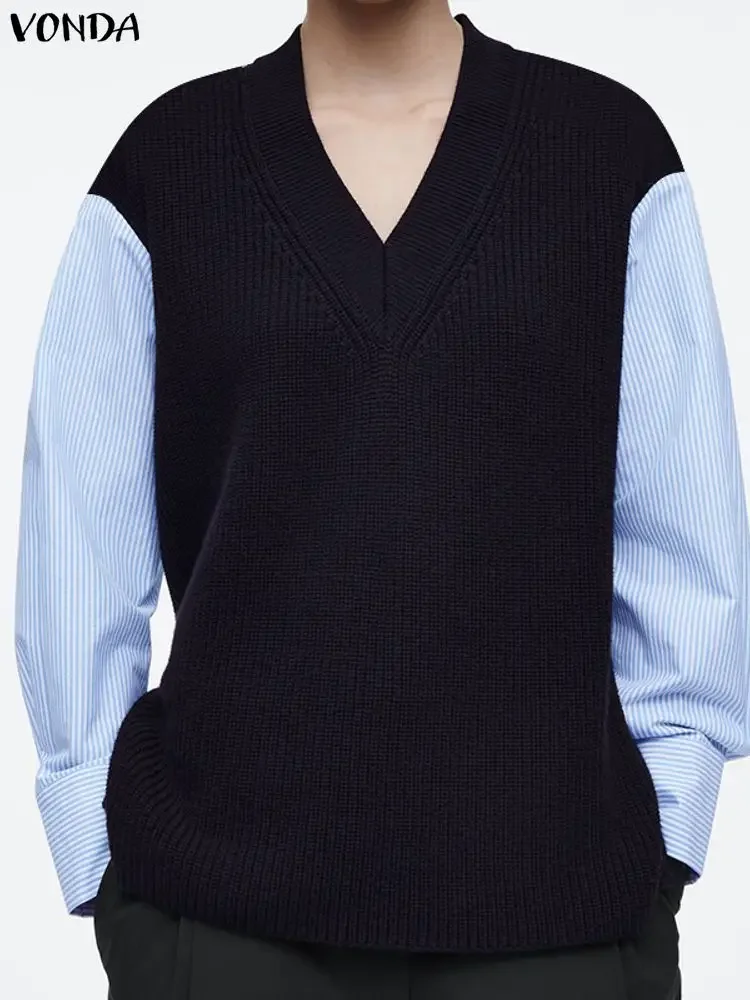 Stylish Tops VONDA Women Fashion Blouse 2025 Autumn Long Sleeve Knitted Color Patchwork Blusas V-Neck Casual Shirts Plus Size
