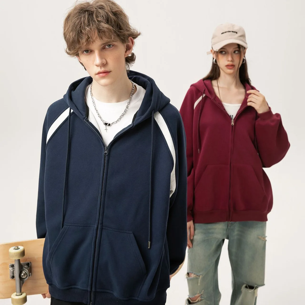 

Heavyweight 380g Cotton Raglan Sleeve Color-block Hooded Zip-up Sweatshirt, Loose College Style, Unisex for Men and Women