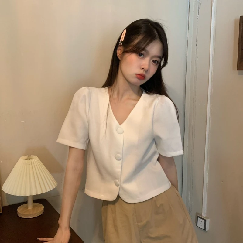 Short Sleeve Shirts Women Cropped Kawaii Tops Summer Tender Fashion Рубашки Classic French Style Ulzzang Girlish Female Preppy