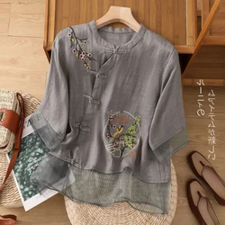 2025 retro handmade embroidery cotton linen top chinese ethnic style temperament tea garment loose thin gauze patchwork blouse