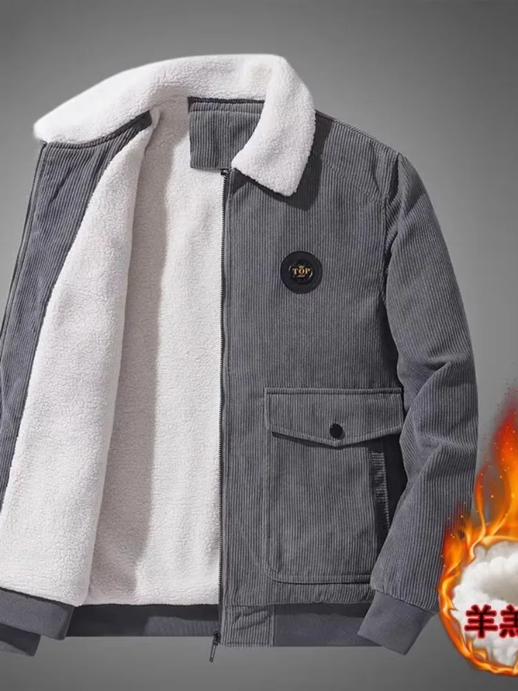 

Men's Thiened Cotton Jaet Autumn Winter Outerwear Flannel Lined Faionable Lamb Velvet Simulation Coat for Middle-Aged