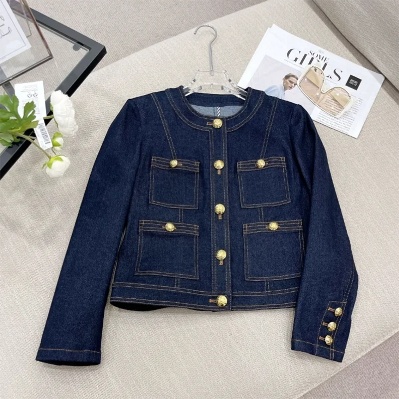 Retro Round Neck Small Fragrance Denim Jacket Women's Outwear Spring Autumn New Contrast Bright Line French Short Jeans Coat Top