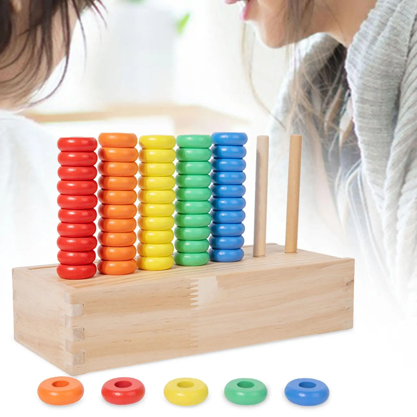 Wooden Stacking Rings Counting Game Rainbow Fine Motor Skill Wooden Toys Colour Sorting Puzzle for Boy Girl First Birthday