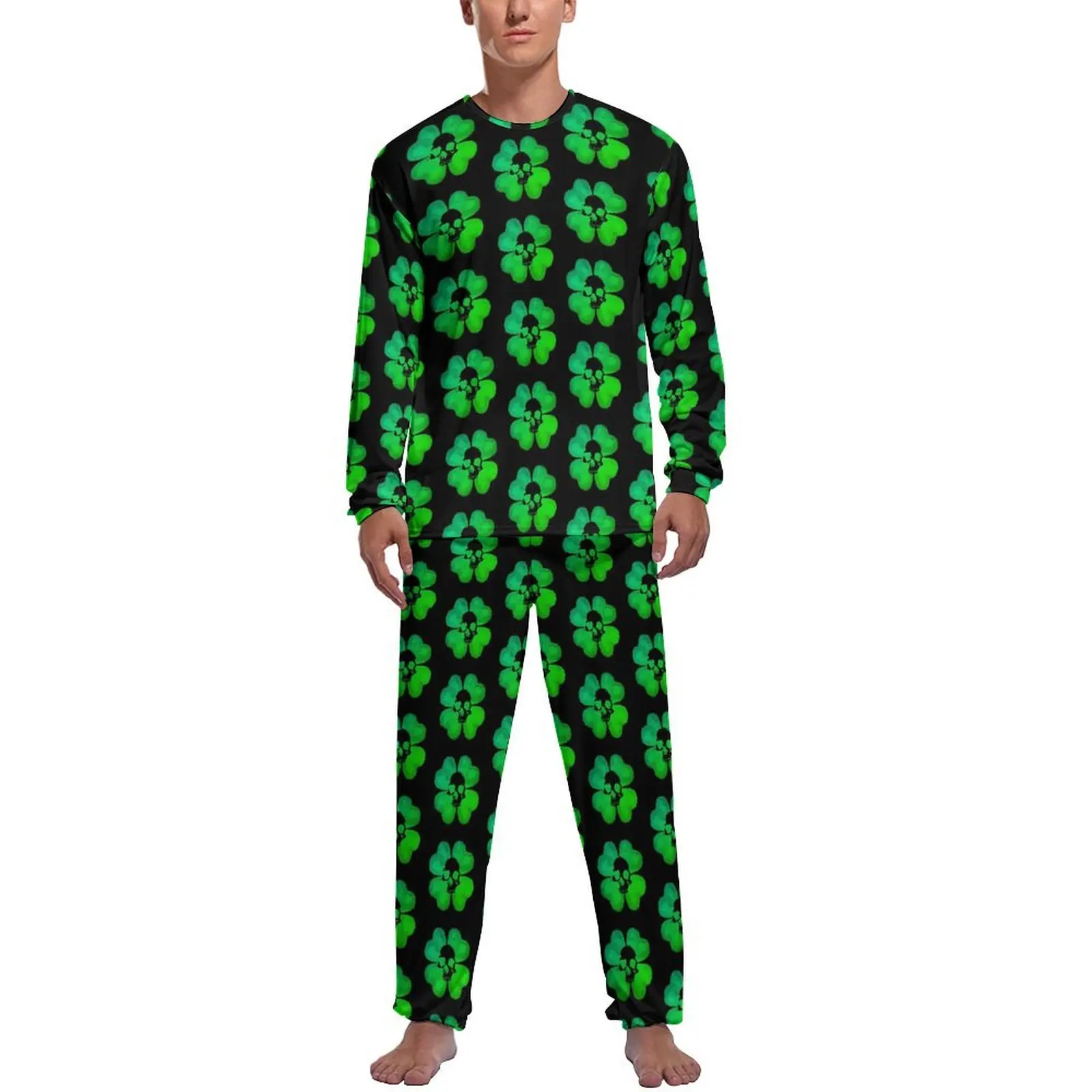 Skull Leaf Print Pajamas Daily 2 Pieces Shamrock Cute Pajama Sets Male Long-Sleeve Casual Design Nightwear