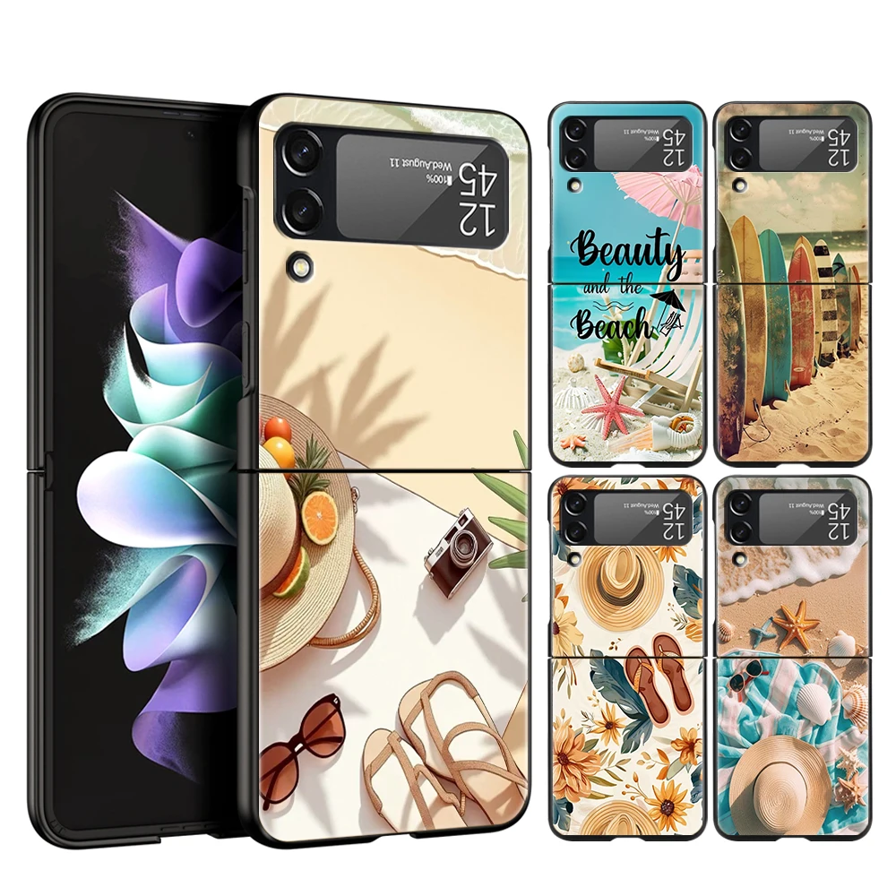 Hard PC Phone Case For Samsung Galaxy Z Flip 7 6 5 4 Black Cover For Galaxy Z Flip 3 Foldable Shockproof Capas Summer Beach Bags