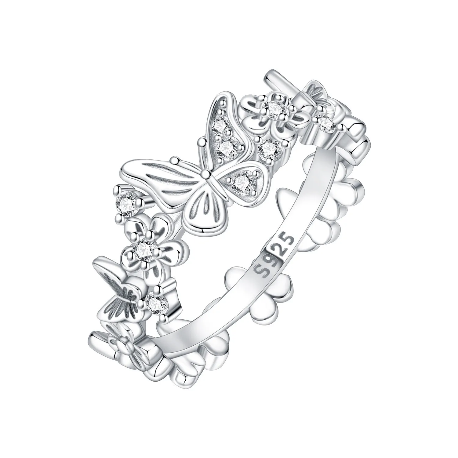 PANPOKI S925 Sterling Silver Flower Butterfly Insect Closed Ring For Women Finger Ring Personality Jewelry Party Trendy Gifts