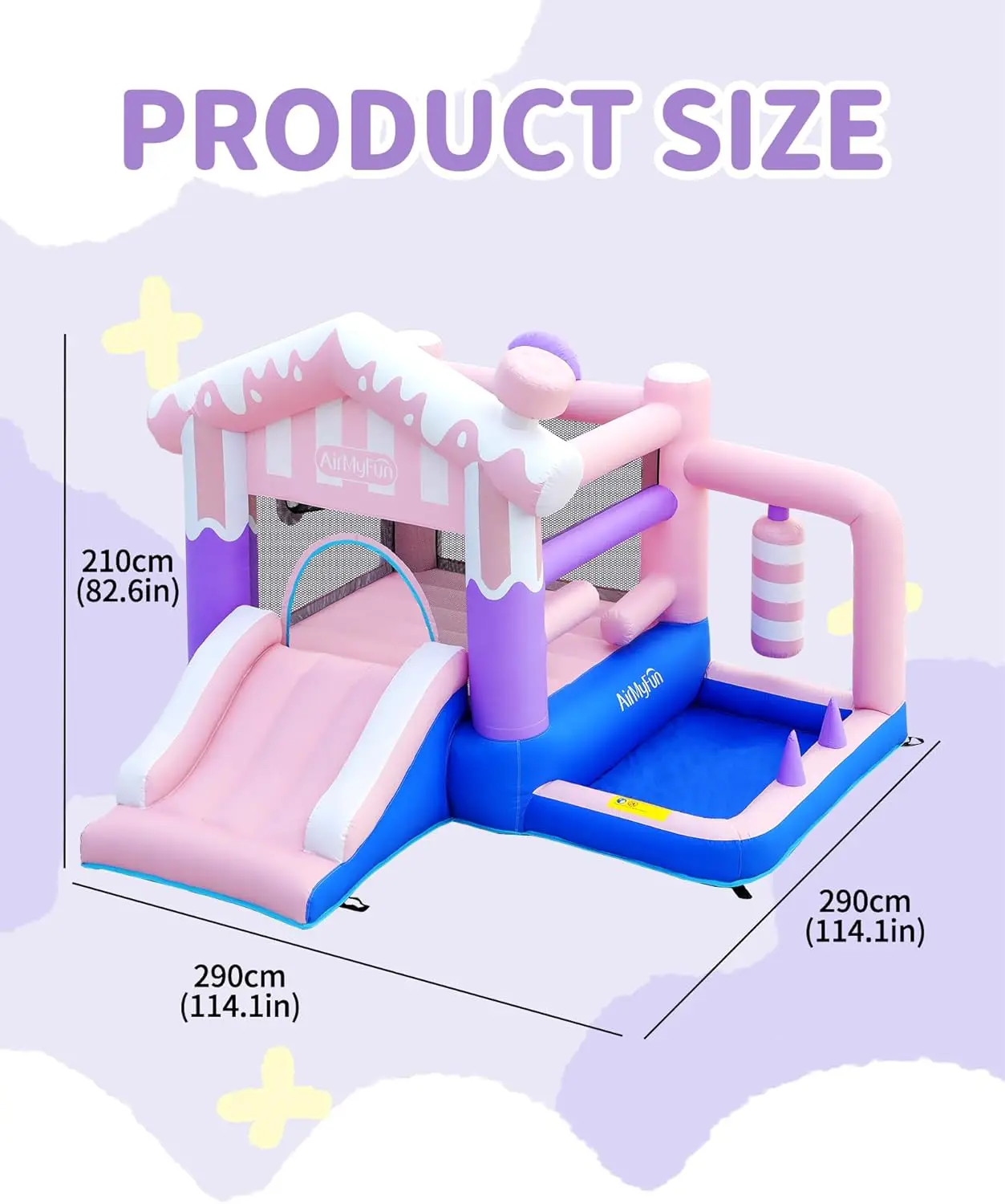 Roze opblaasbaar springkasteel met ijsthema voor kinderen - springkasteel voor binnen en buiten met glijbaan, ballenbak, sloopbal en bou