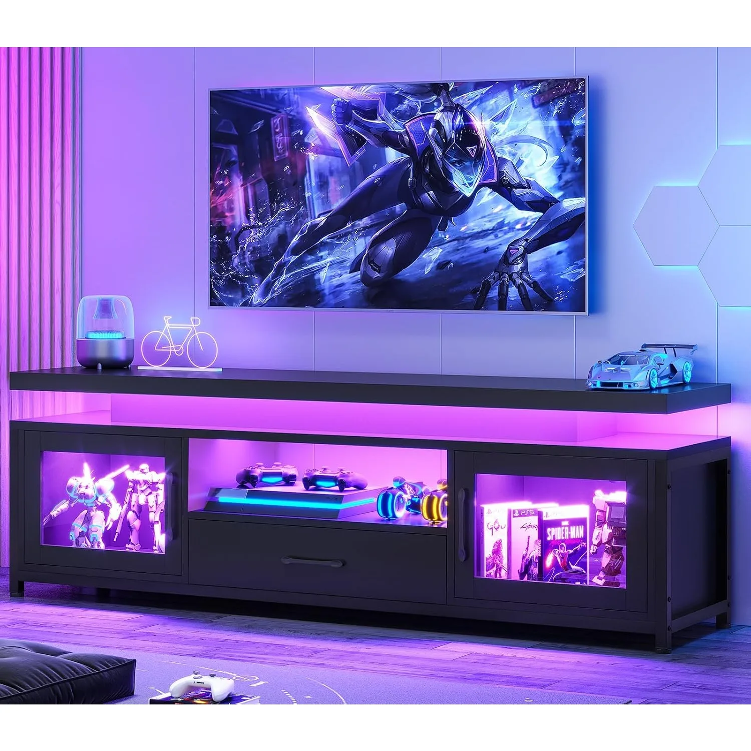 TV Stand for 55/60/65 Inch TV, Entertainment Center with Drawer, TV Stand with Power Outlets & LED Lights, Glass Door Cabinet