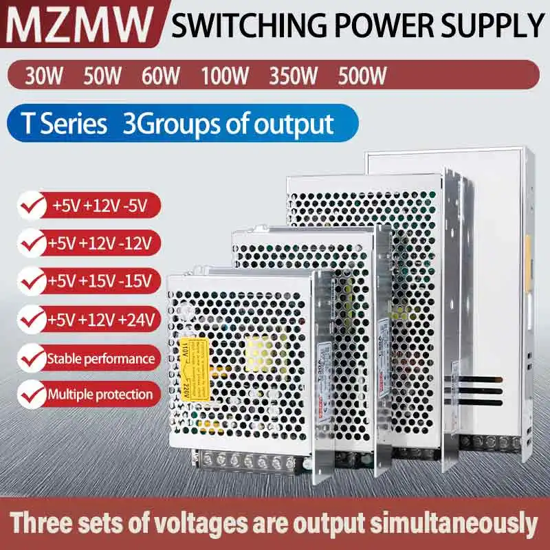 MZMW Triple Output Switching Power Supply 30W 50W 60W 100W 350W 500W AC/DC 5V 15V -15V 12V 24V Driver Transformer Three-way SMPS