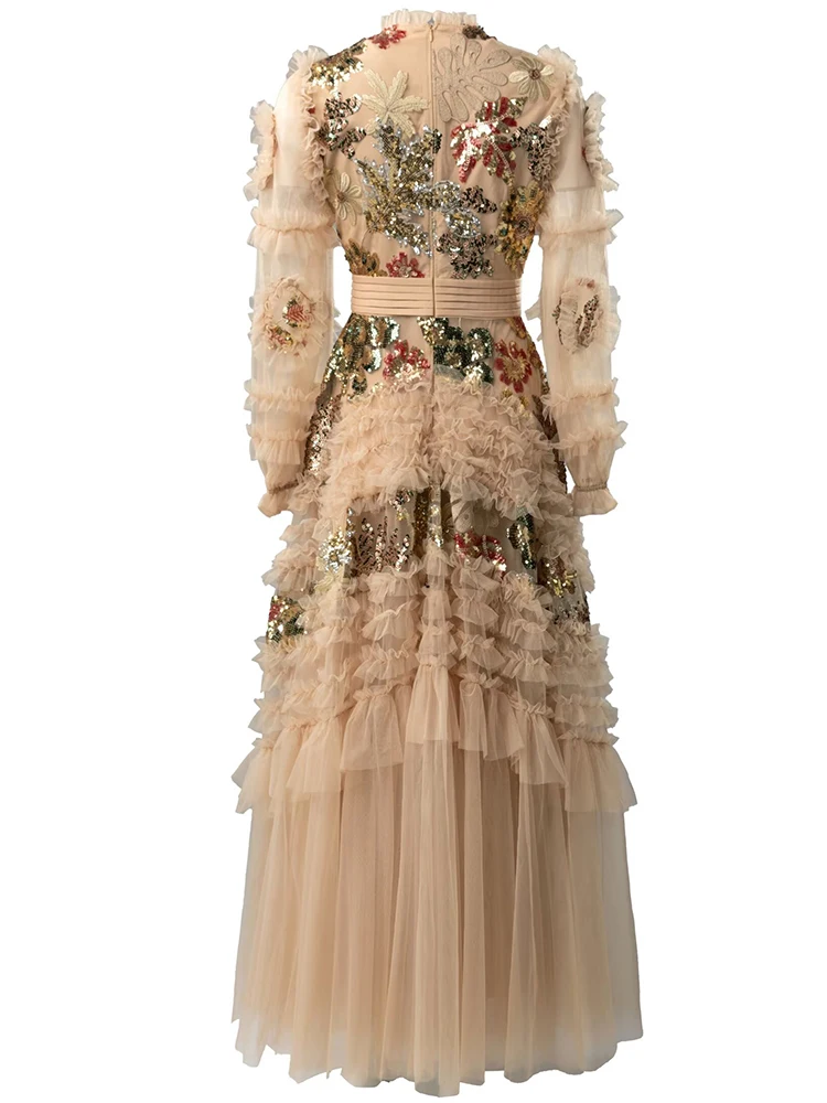 DSFACAIRIJ femmes paillettes fleur broderie Maxi robe col rond lanterne manches volants élégant robe de bal maille automne femme