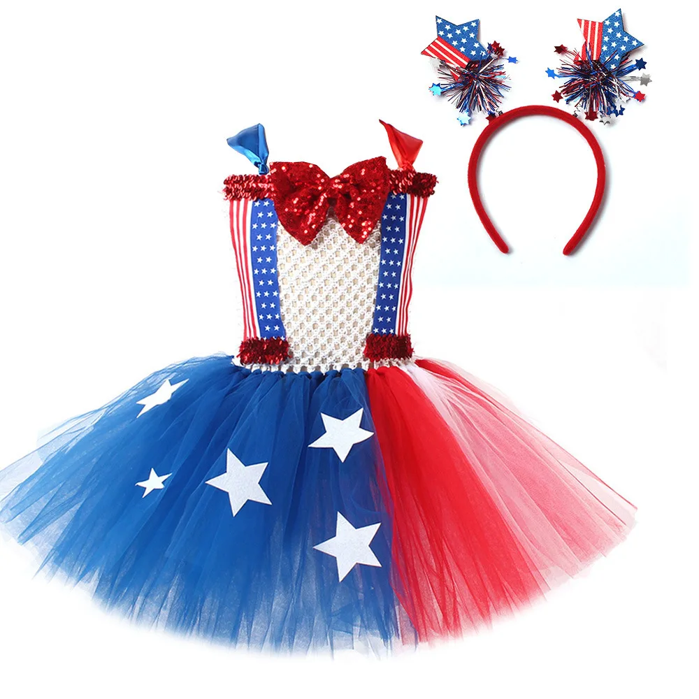 

Independence Day Headband Tutu Skirt American National Flag Dress Kids Festival Stage Performance Outfit 2024 Show Clothes