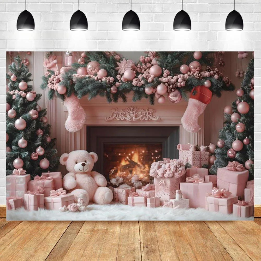 

Pink Christmas Photography Backdrops Big Xmas Tree Gifts Fireplace Wreath Teddy Bear Home Decoration Photo Studio Background