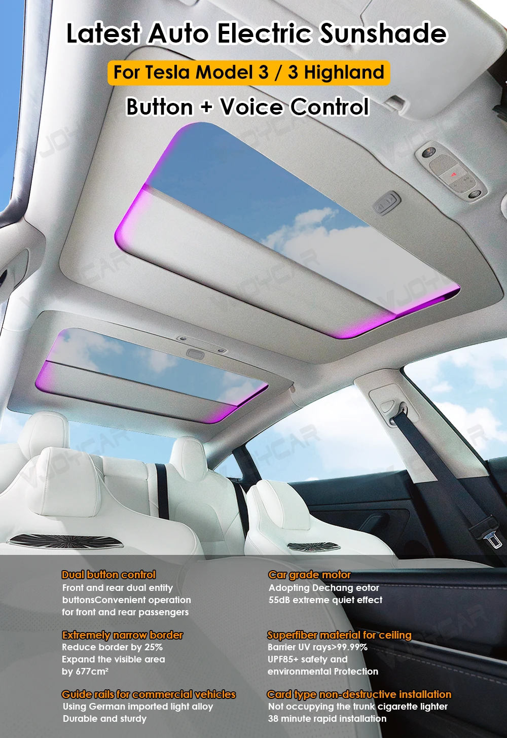 2026 Newest Electric Sunshade For Tesla Model 3 New 3 Highland Sunroof Shade Voice Button Control Summer UV Protection