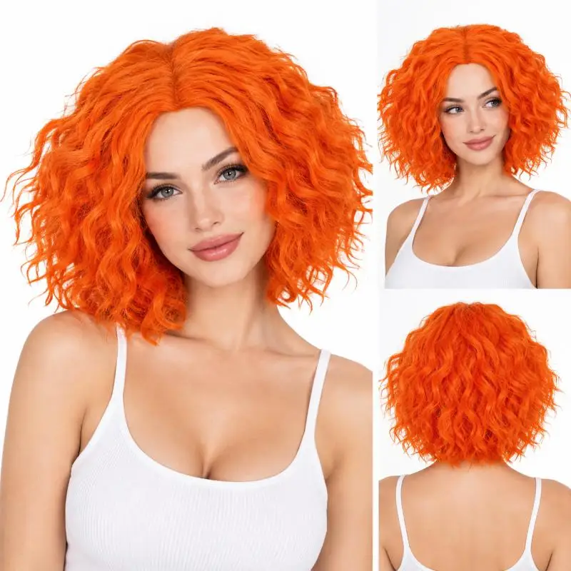 Orange Curly Short Cosplay Wig Synthetic Heat Resistant Fluffy Wig For Adult Halloween Party Carnival Fancy Dress Role Play Prop