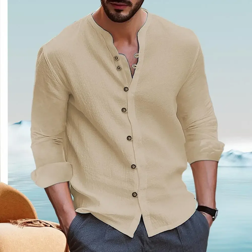 

Retro Style Men Solid Color Shirt Tops Stand Collar Long Sleeve Single Breasted Loose Tops Casual Work Shirt Workwear