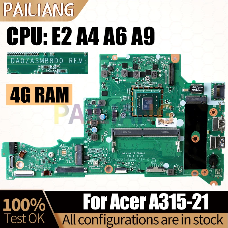 

For ACER Aspire A315-21 Laptop Mainboard DA0ZASMB8D0 NBGNV1100P NBGNV1100N NBGNV1100U E2 A4 A6 A9 Notebook Motherboard Full Test