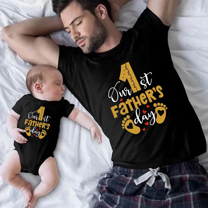 Funny Our First Father's Day Print Family Matching Outfits Look Daddy Daughter Son Tshirts Dad Baby Father's Day Tees Gifts
