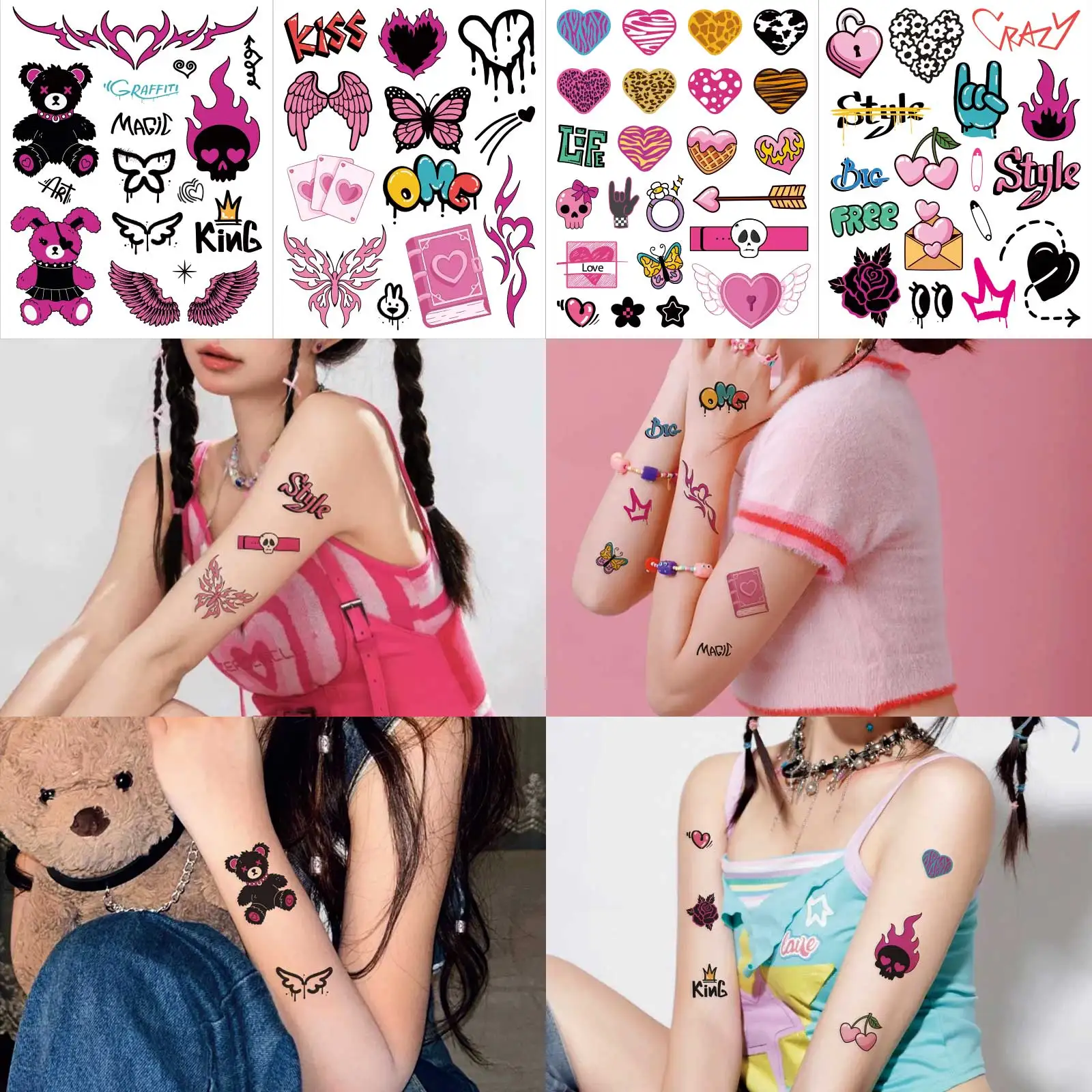 4pcs Pink Love Charms Temporary Tattoo Stickers Sweet Y2k Style Women Hand Body Art Makeup Party Decoration Fake Tattoos