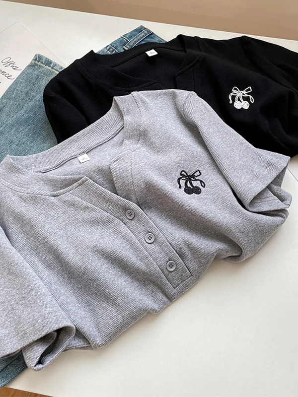 Koreaanse Sle Button up Puur Katoen V Ne ort Sve T irt Casual Zomer Afslanken Veelzijdige Dames Faion Chic Top