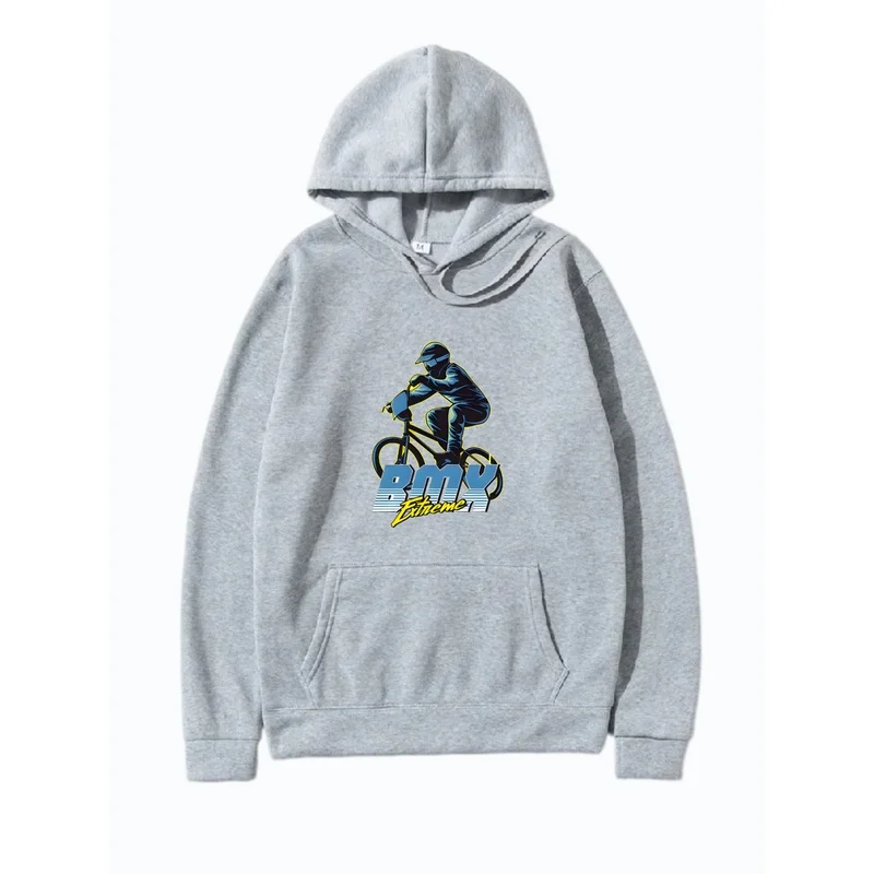 Men BMX Extreme Rider Graphic Print Pullover Hoodie Bicycle Motocross Sports Sweatshirt Kangaroo Pocket Casual Street Hooded Top
