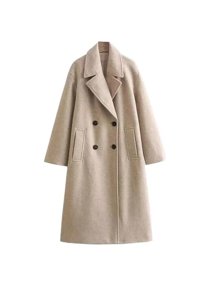 Women\'s Soft Loose Woolen Coat, Long Sleeve, Welt Pockets, Oversized, Female Outerwear, Chic Overcoat, Fashion