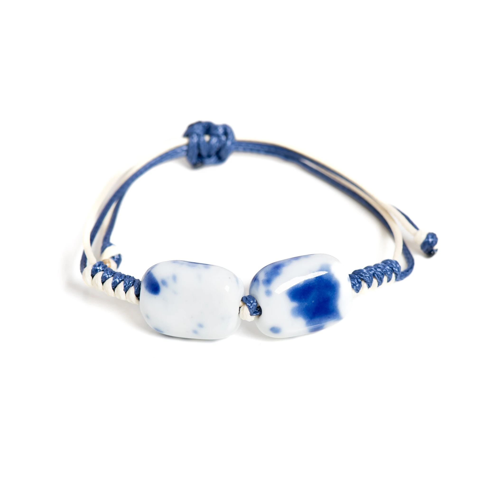 Handmade Blue and White Porcelain Beaded Bracelet Adjustable Boho Ceramic Jewelry Artistic Woven Wristband for Women Men S001187