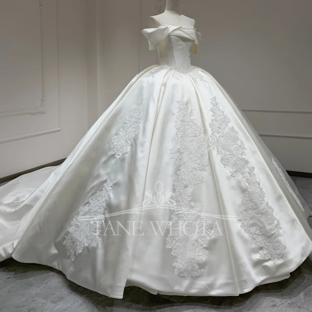 Simple Wedding Dress Customizable Strapless Off-Shoulder Lace Up Back Ball Gown Satin Lace Bridal Dresses