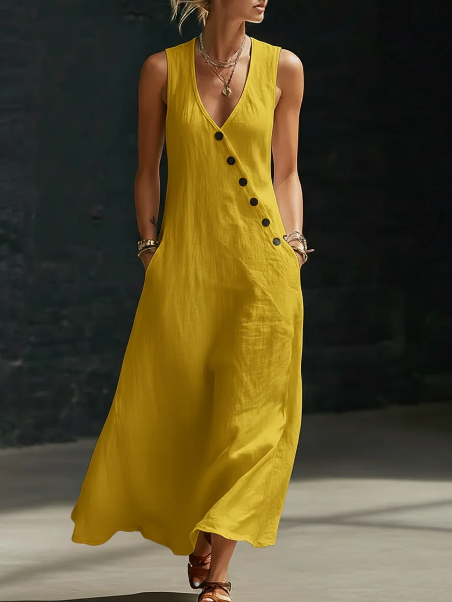 2026 Sommer Damen Baumwoll-Leinen A-Linien-Maxikleid mit V-Ausschnitt, ärmellos, asymmetrisch, Knopfleiste, Westenkleid, locker geschnitten, lässig, für den Urlaub am Strand – Detail 14