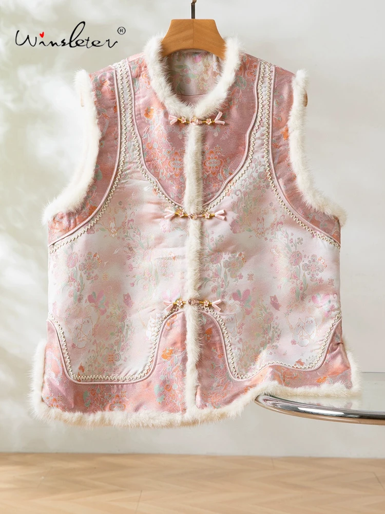 

Winsleter-100%Real Silk Elegant Vest Coat, Mink Fur Patchwork, Women Retro Chic Song Brocade Waistcoat, 2025 Winter New C5D465CC