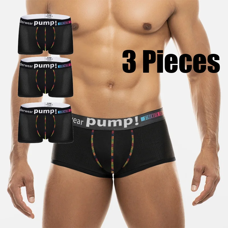 

3pcs-Fashionable Men's Boxer Briefs - Breathable Mesh, Sexy Low-Rise Fit, Solid Color Athletic Style.