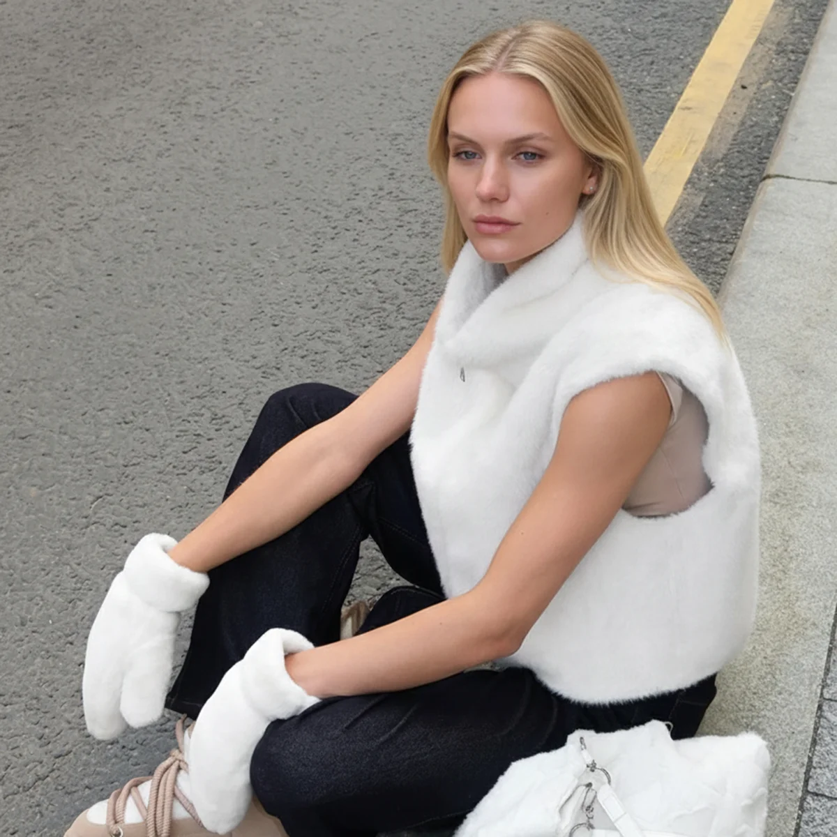 Women's 2026 White Faux Fur Sleeveless Vest High Stand Collar Full-Zip Closure Soft Warm Outerwear For Fall/Winter Casual Jacket