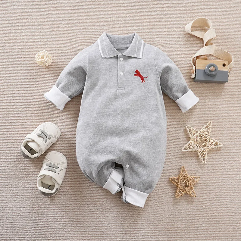 Newborn Boys And Girls  Cute Cartoon Lion Simple Casual Versatile Embroidered Polo Shirt Gray Spring And Autumn Baby Jumpsuit