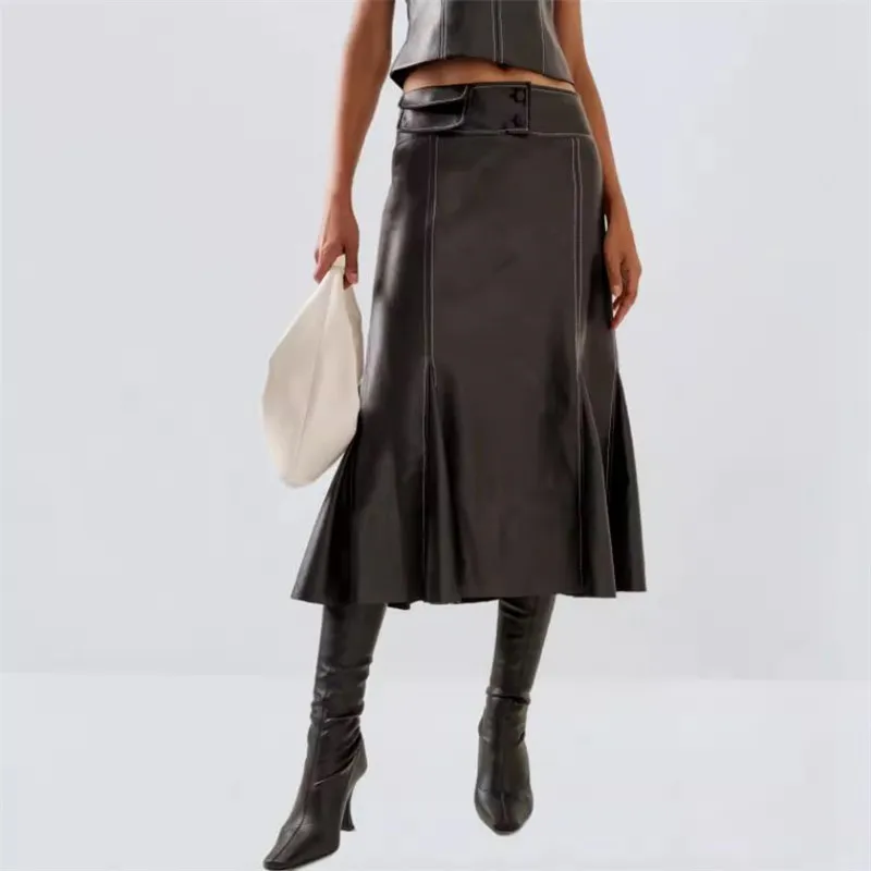 Autumn Winter New Women Black Leather Skirt Low Waist Mid length PU Leather Skirt Stylish Female Fishtail Skirt Y4463