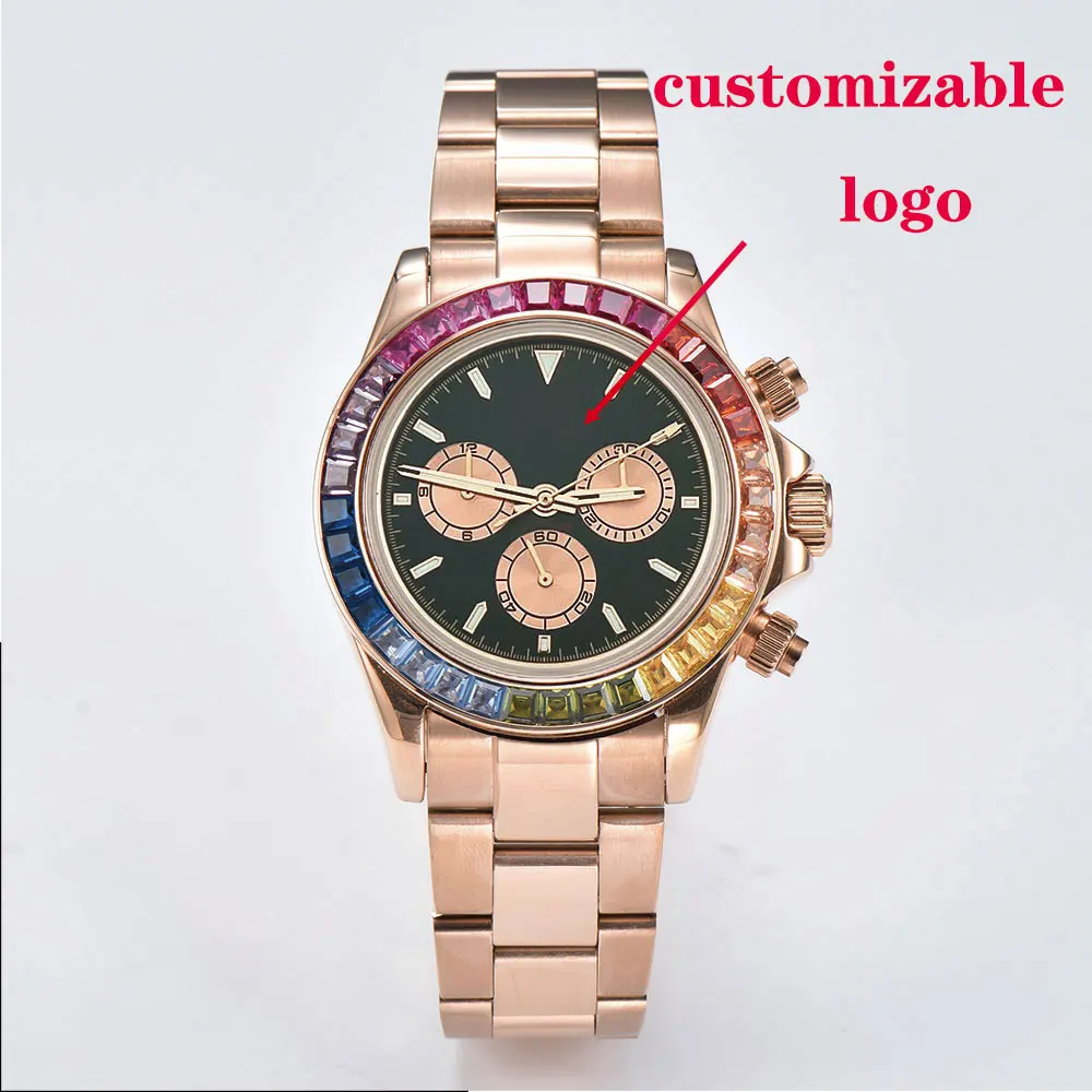 Orologio da polso da uomo di lusso da 39 mm, movimento 7750/4613D, cronografo meccanico con lunetta in pietra preziosa colorata, orologio da uomo in vetro zaffiro