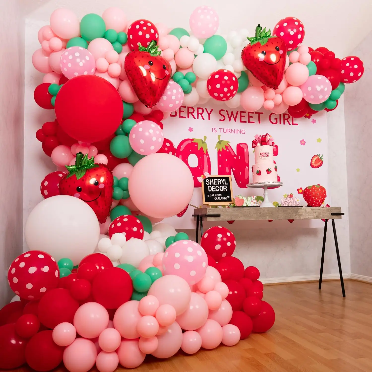 Strawberry Balloon Arch Kit and Garland Comes with Strawberry – Small and Large Red Pink Green Strawberry Balloon – Strawberry Cake Party Decoration