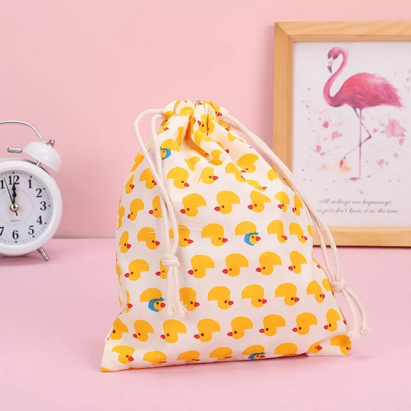 3 Size Animals Design Printed Drawstring Bag Pocket Storage Small Yellow Duck Kiwi Pattern Backpack Women Cotton Fabric Bags