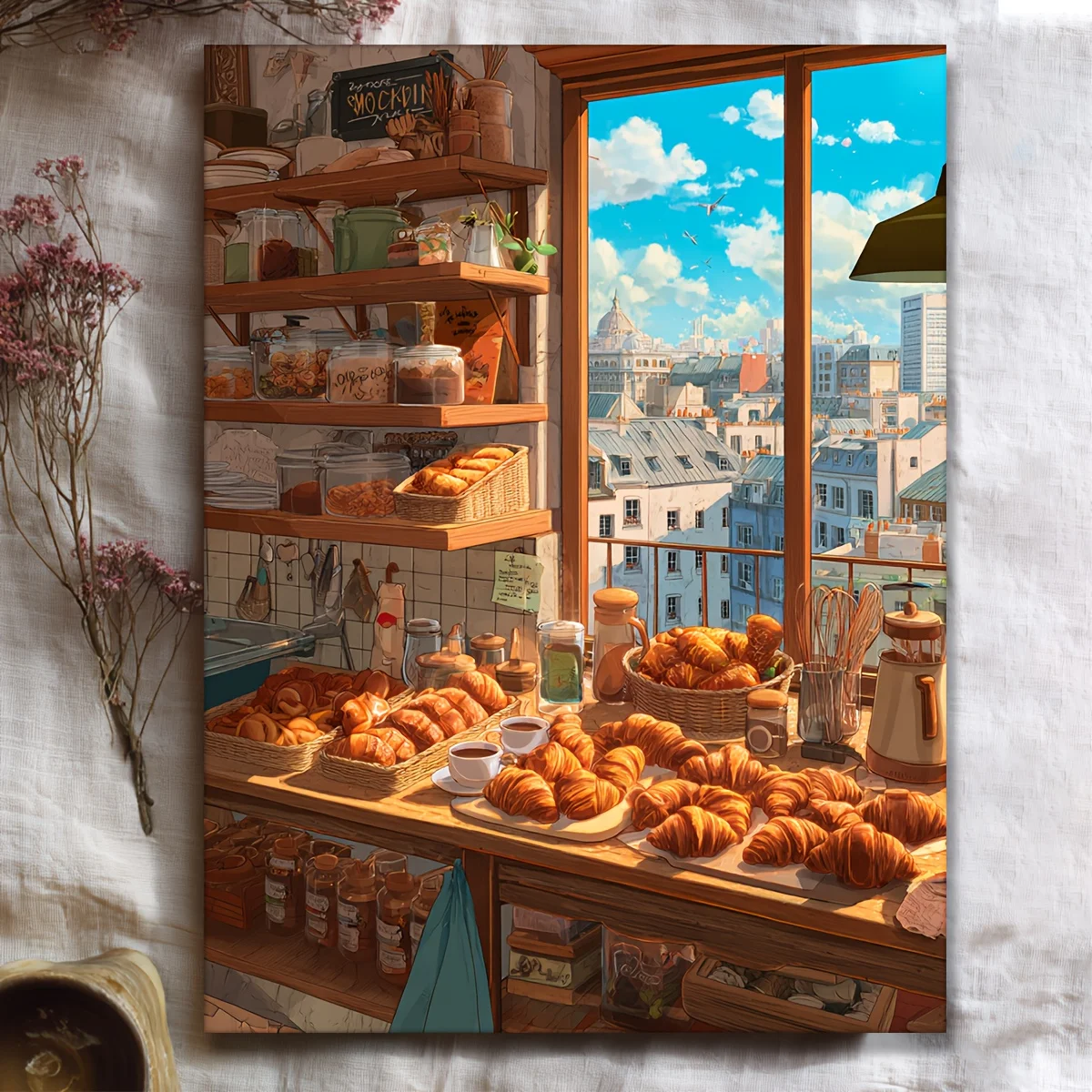 (No frame)1pc Manga-Style French Bakery Wall Art Print - 12x16 Inch Framed Parisian Coffee Shop Painting with Croissants & Pa