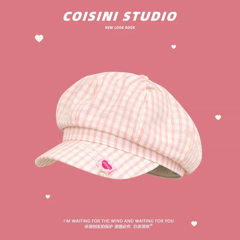 Korean Small Fresh Love Embroidered Plaid Beret Women's Spring and Summer Literary and Artistic Versatile Sunshade Newsboy Caps