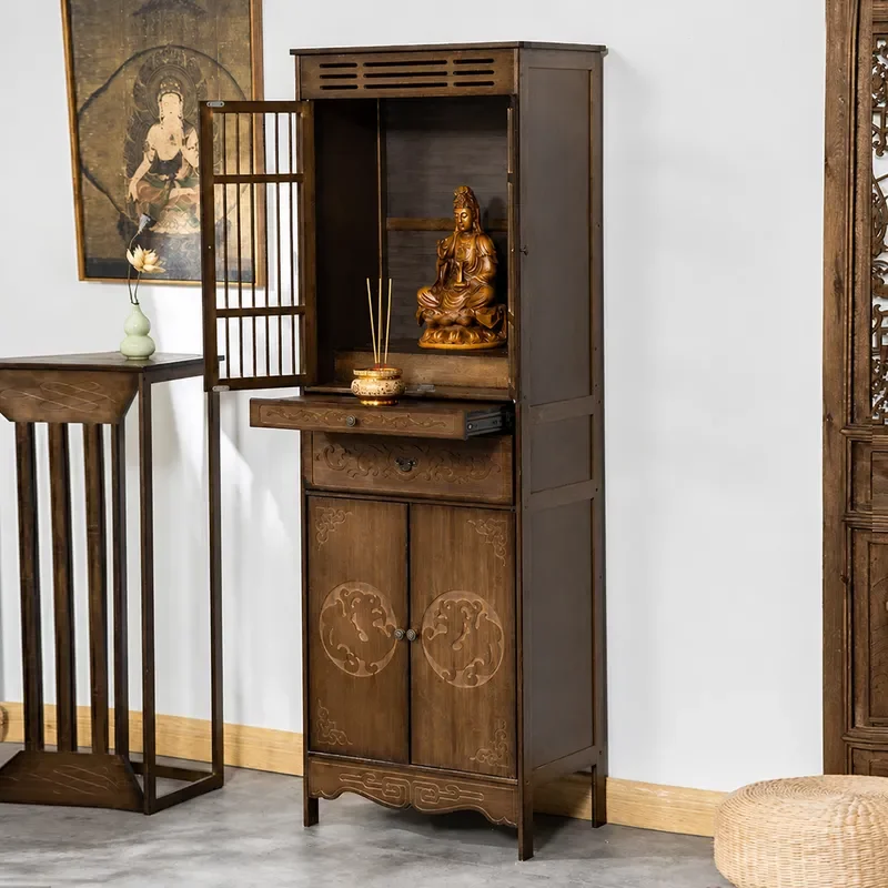 Buddhist Shrine Offering Table Household Incense Cabinet Standing Storage Unit for God of Wealth Guan Gong Bodhisattva Statue