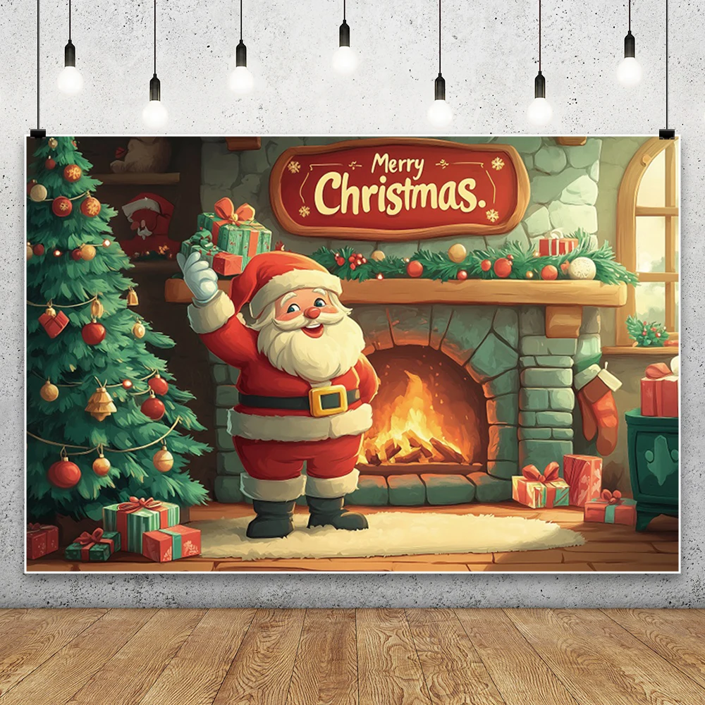 Санта-Клаус Рождественский фон для фотосъемки Рождественская елка Подарок Камин Праздник Семья Детский портретный фон Декор для вечеринки Реквизит