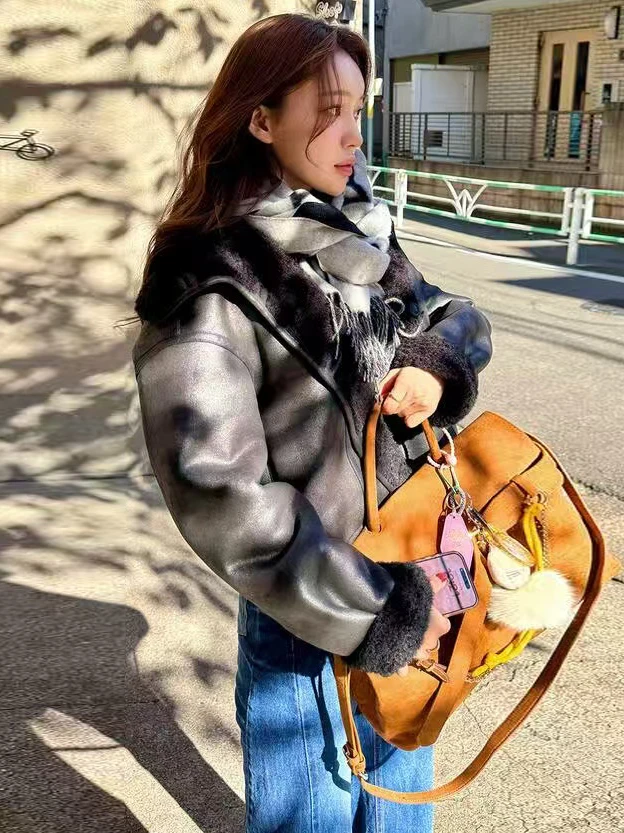 Retro hong kong sle chique dupla face usar pele ecológica couro ort jaet feminino inverno casaco de pele de cordeiro