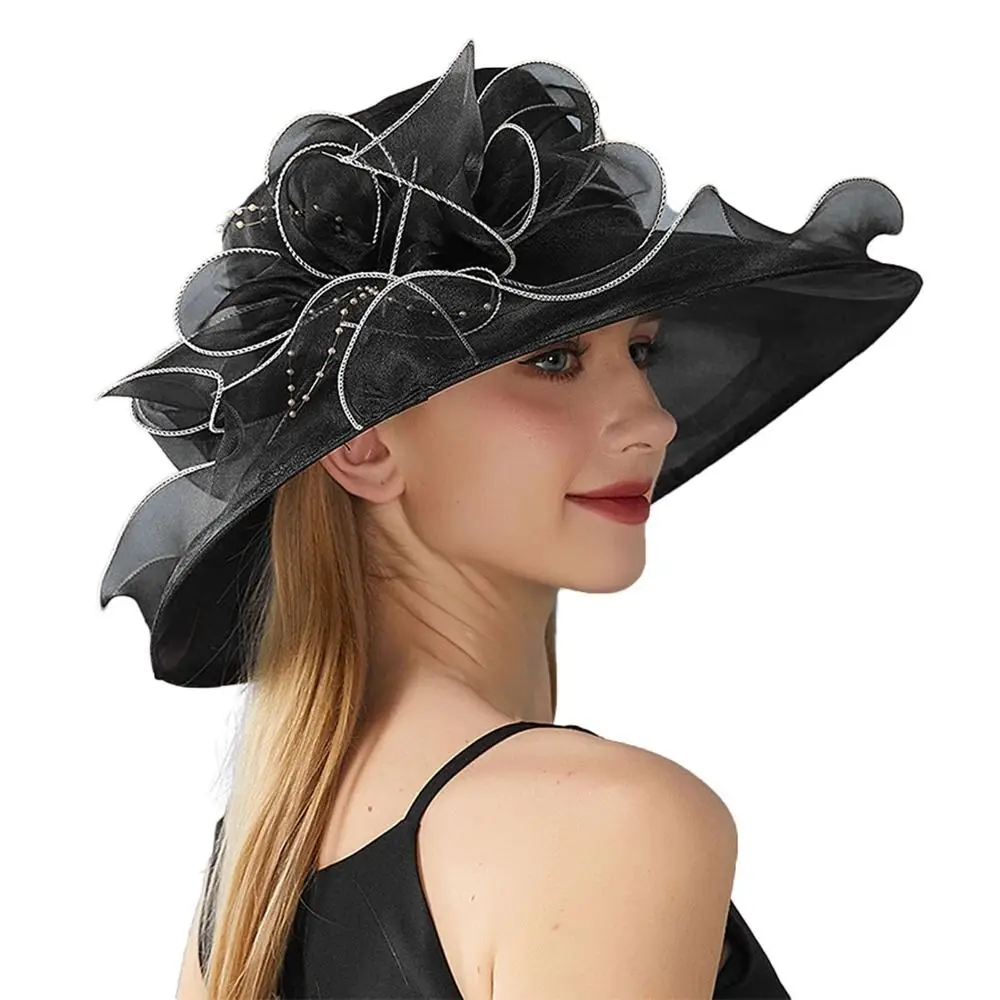 Solid Color Flowers Women Derby Hat Organza Wide Brim Summer Ruffles Sun Hat Foldable UV Protection Bridal Tea Party Wedding Hat