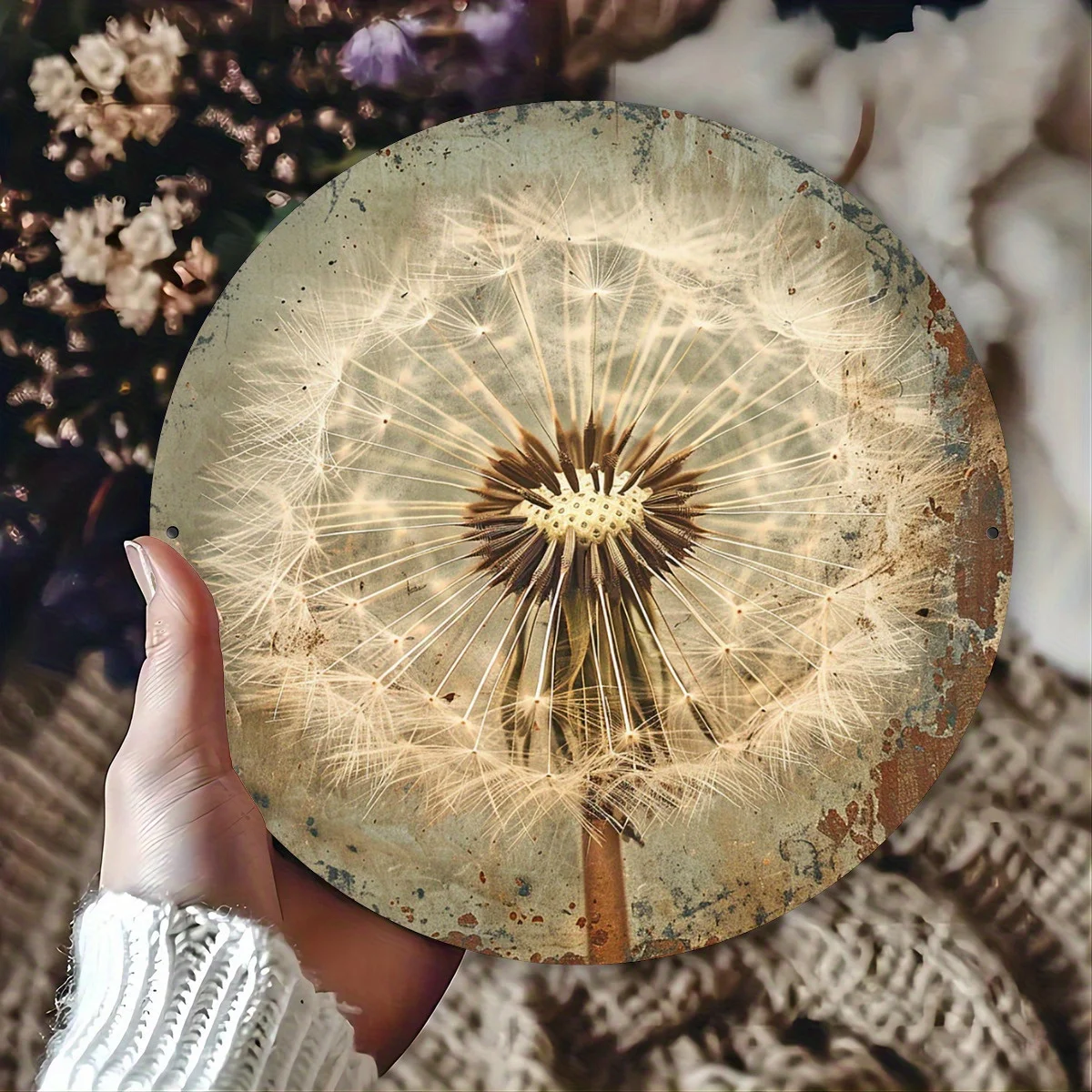Vintage Dandelion Theme Round Metal Sign, Fun Wall Art Decoration, Ideal for Home, Cafe, Restaurant, Garage, Garden Indoor and O