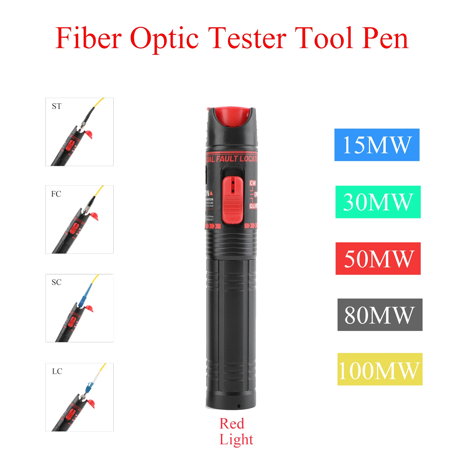 Rechargeable Fiber Tester Tool Kit 15/30/50/80/100mW With Adapter FTTH Optical Pen SC/FC/ST Red Light Power Meter