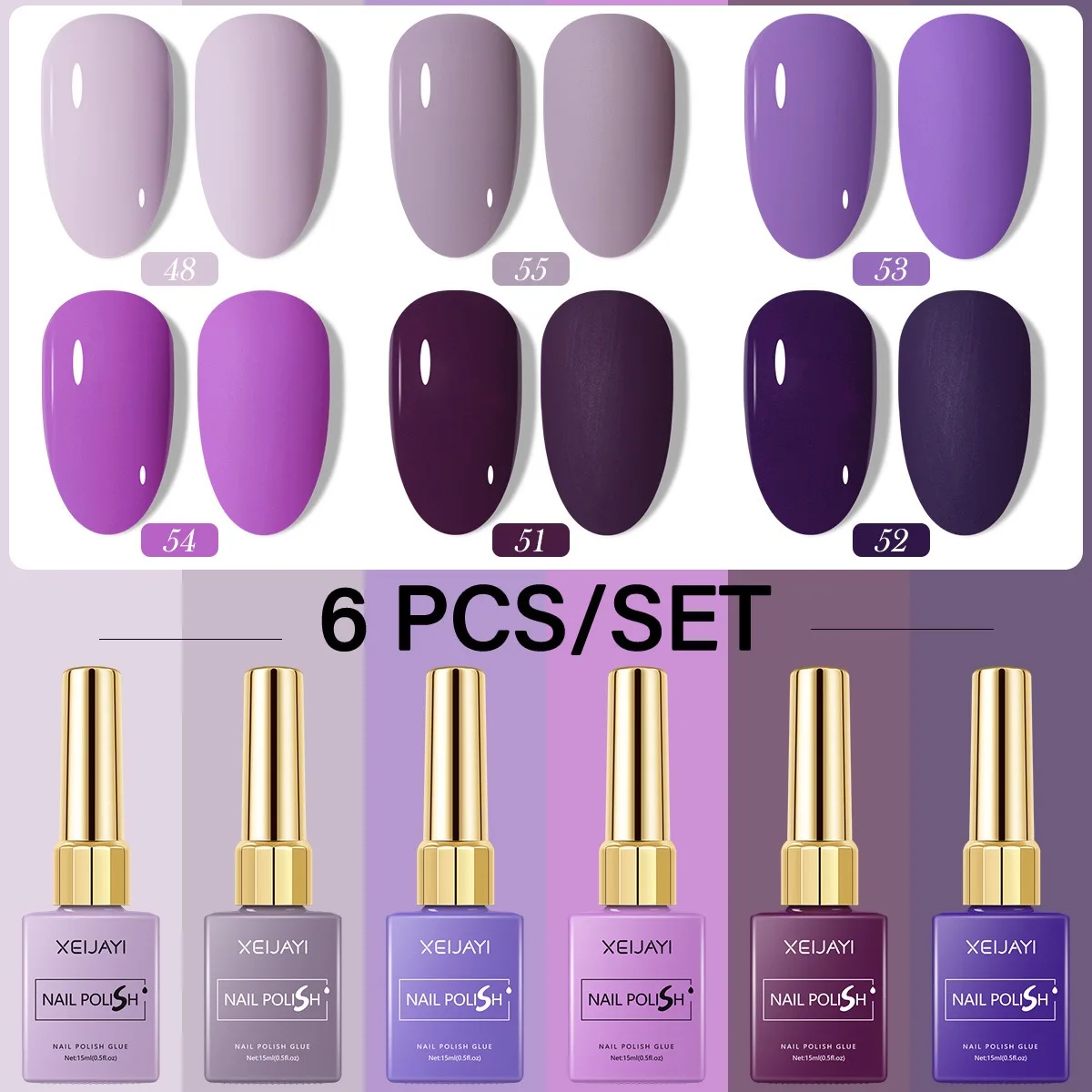 6PCS/SET 15ml Gel Nail Polish 6 Colors Romantic Purple Nude Nail Art Varnish Gel Lacquer Top Coat DIY Nail Art Design All for De